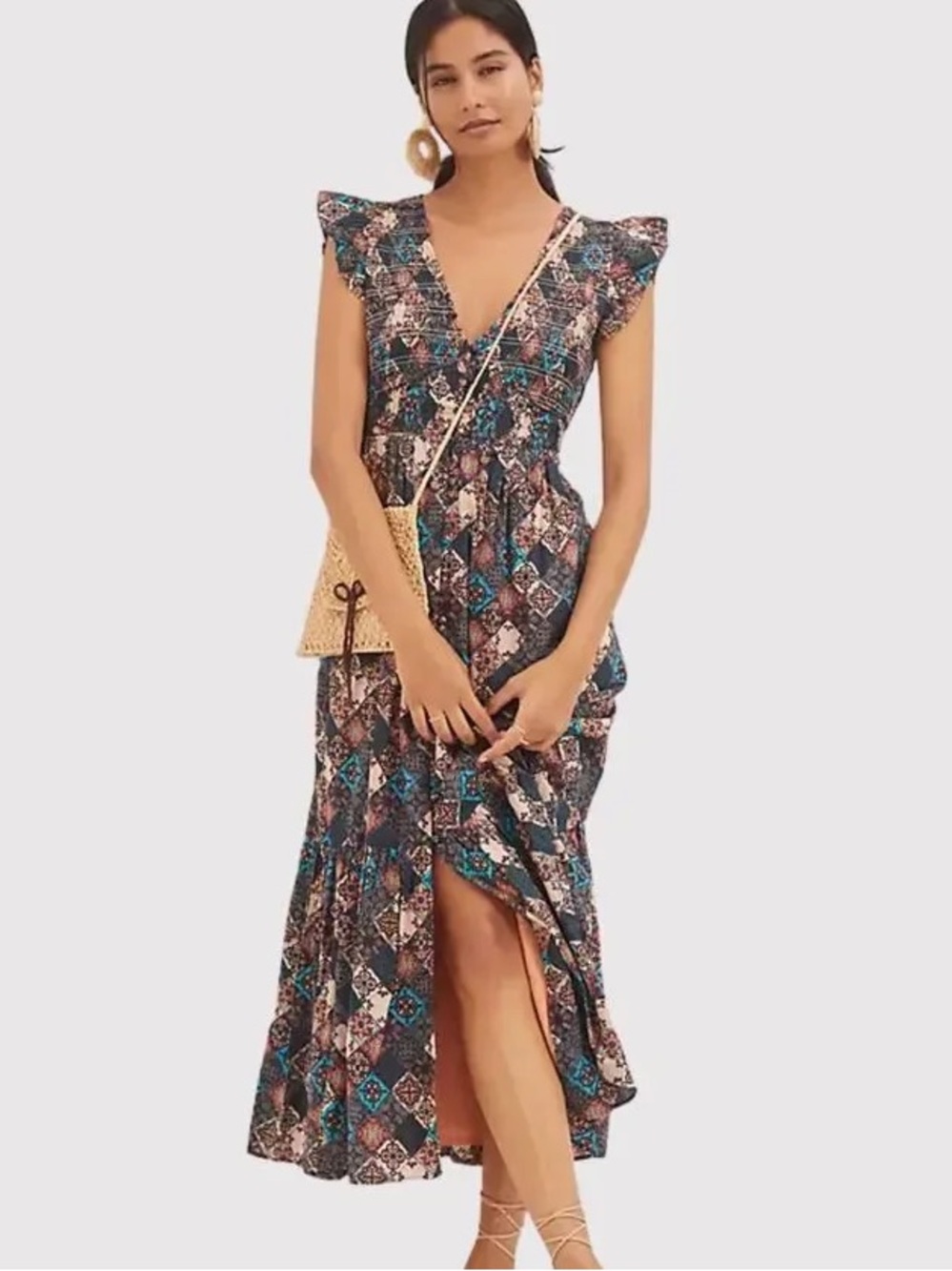 Anthropologie Midi Dress Brown The Peregrine V Neck Patchwork print Sz PM